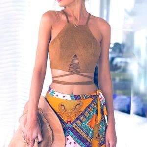 Tan Sueded Sleeveless Bandage/Wrap Crop Top
